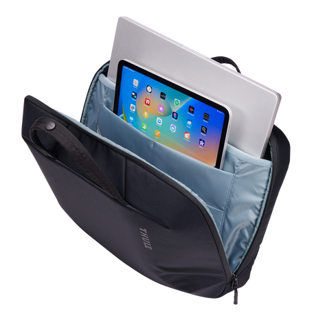 Thule Subterra 2 laptop attaché black, open showing padded laptop and tablet sleeves