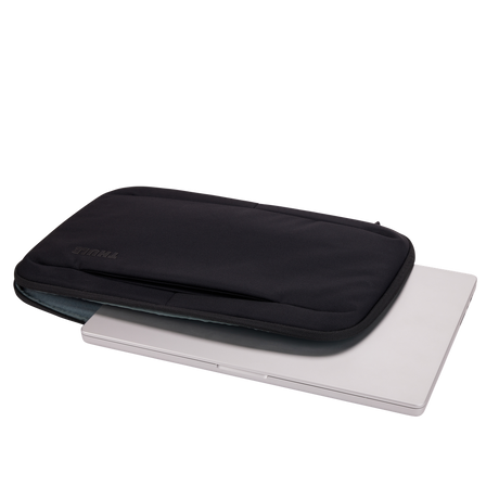 Thule Subterra 2 16in MacBook sleeve in black, open to show the ribbed EVA interior
