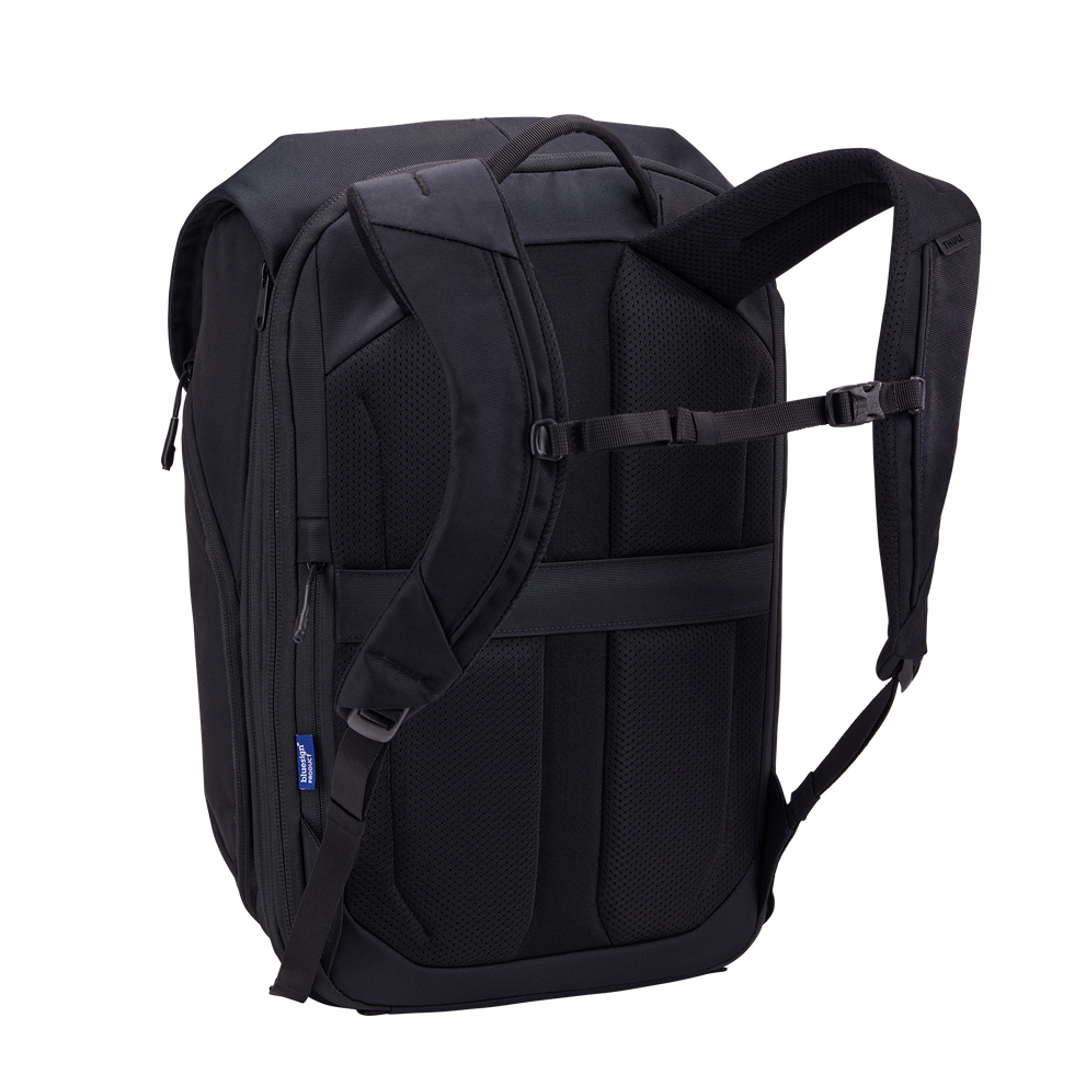 Thule Subterra 2 travel backpack black, side profile showing the expansion zip
