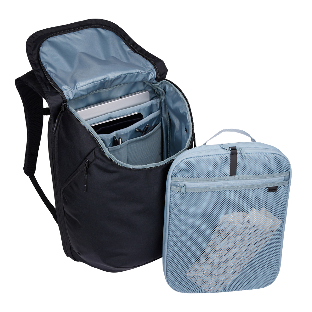 Thule Subterra 2 travel backpack black, open with the removable packing cube