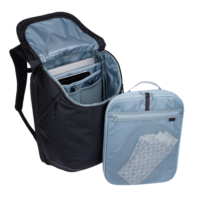 Thule Subterra 2 travel backpack black, open with the removable packing cube