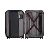 Open suitcase with interior compartments and straps visible.