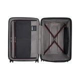 Open suitcase showing its interior compartments and straps.