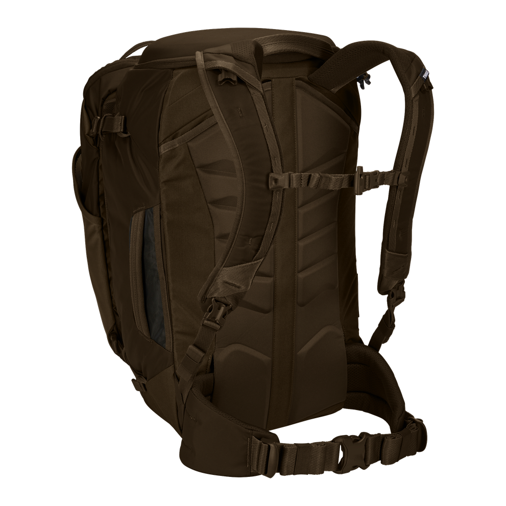 Thule Landmark 60L travel pack in deep khaki, rear view of the harness and hipbelt