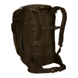 Thule Landmark 60L travel pack in deep khaki, rear view of the harness and hipbelt