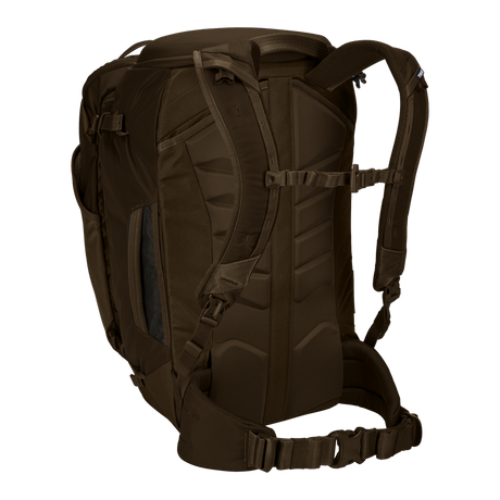 Thule Landmark 60L travel pack in deep khaki, rear view of the harness and hipbelt