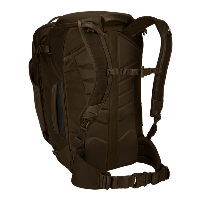 Thule Landmark 60L travel pack in deep khaki, rear view of the harness and hipbelt