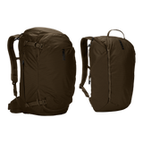 Thule Landmark 60L travel pack in deep khaki, with the removable 20L daypack detached