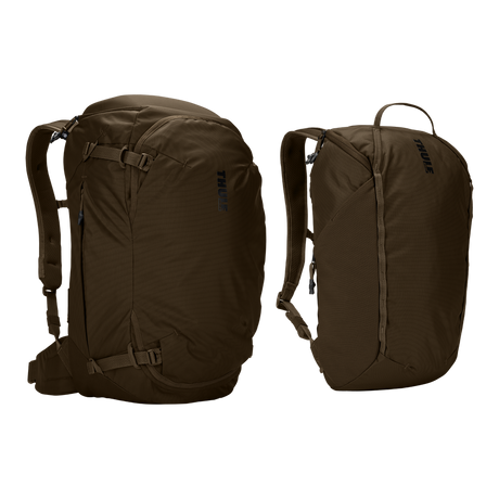 Thule Landmark 60L travel pack in deep khaki, with the removable 20L daypack detached