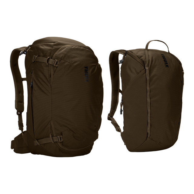 Thule Landmark 60L travel pack in deep khaki, with the removable 20L daypack detached