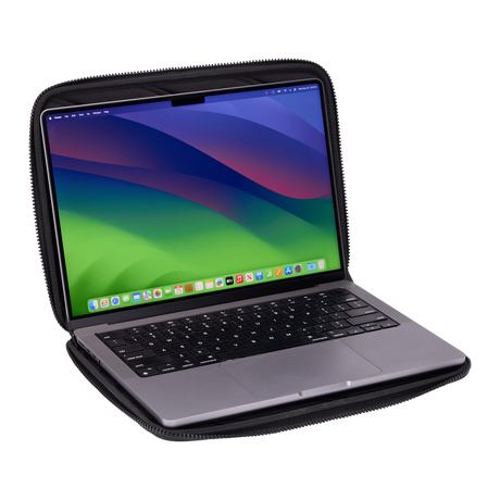 Thule Gauntlet MacBook Pro sleeve 14in in black, clamshell opened flat with a laptop inside