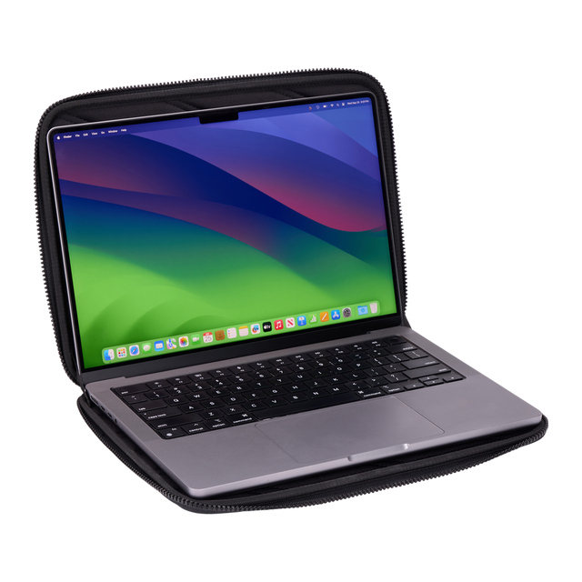 Thule Gauntlet MacBook Pro sleeve 14in in black, clamshell opened flat with a laptop inside