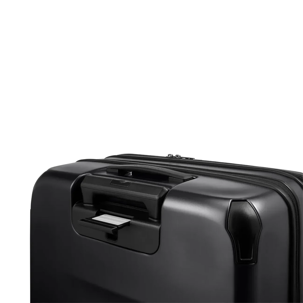 Black hard-shell suitcase with a retractable handle.