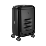 Black hardshell rolling suitcase with four wheels and a logo emblem.