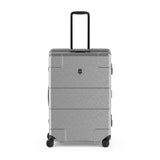 Gray hardshell rolling suitcase with a retractable handle and wheels.