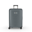 Gray hardshell rolling suitcase with horizontal ridges and a retractable handle.