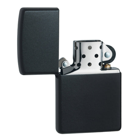 Matte black metal lighter with an open lid revealing the internal mechanism.