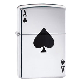 Zippo lighter with an Ace of Spades design on its silver case.