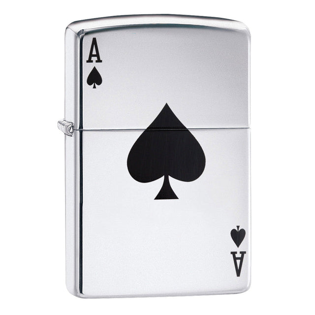 Zippo lighter with an Ace of Spades design on its silver case.