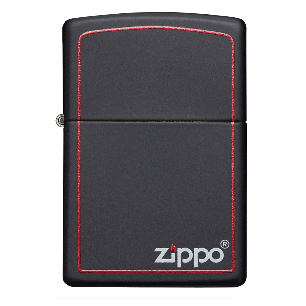Black Zippo lighter with red border and white logo.