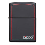 Black Zippo lighter with red border and white logo.