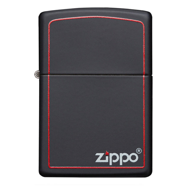Black Zippo lighter with red border and white logo.