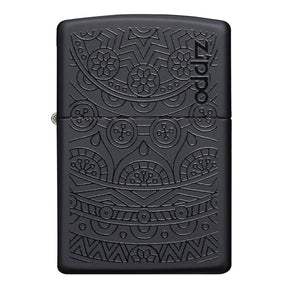 Black Zippo lighter with intricate engraved mandala-style patterns.