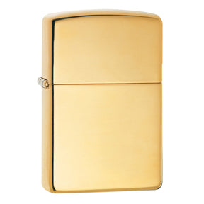 Gold-colored Zippo lighter with a classic rectangular design.