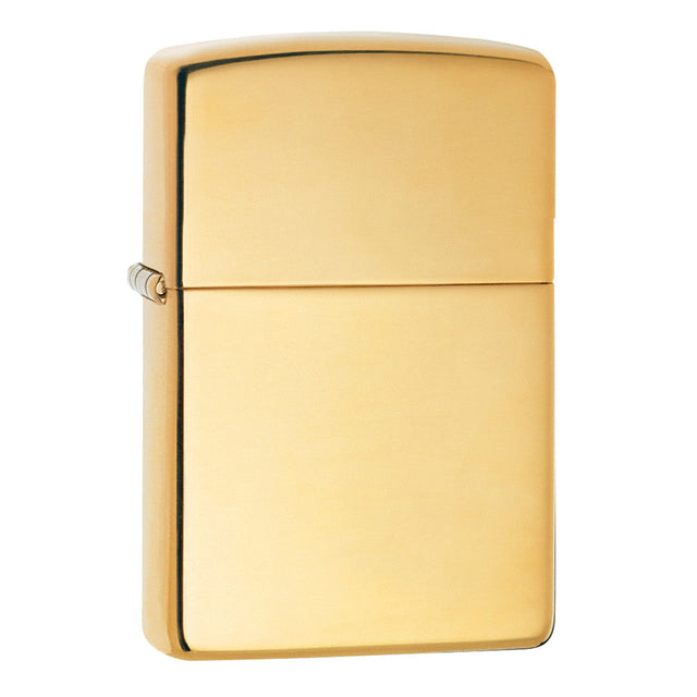 Gold-colored Zippo lighter with a classic rectangular design.