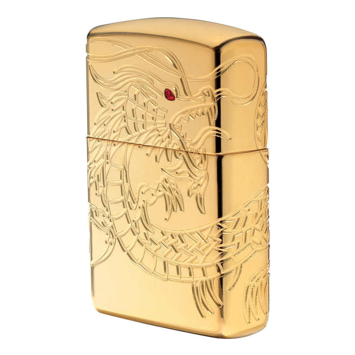 Gold-colored Zippo lighter with an engraved dragon design.