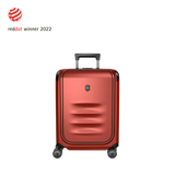 Red hardshell rolling suitcase with horizontal ridges on the front.