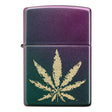 Zippo-style lighter with a marijuana leaf design on a purple-green gradient background.