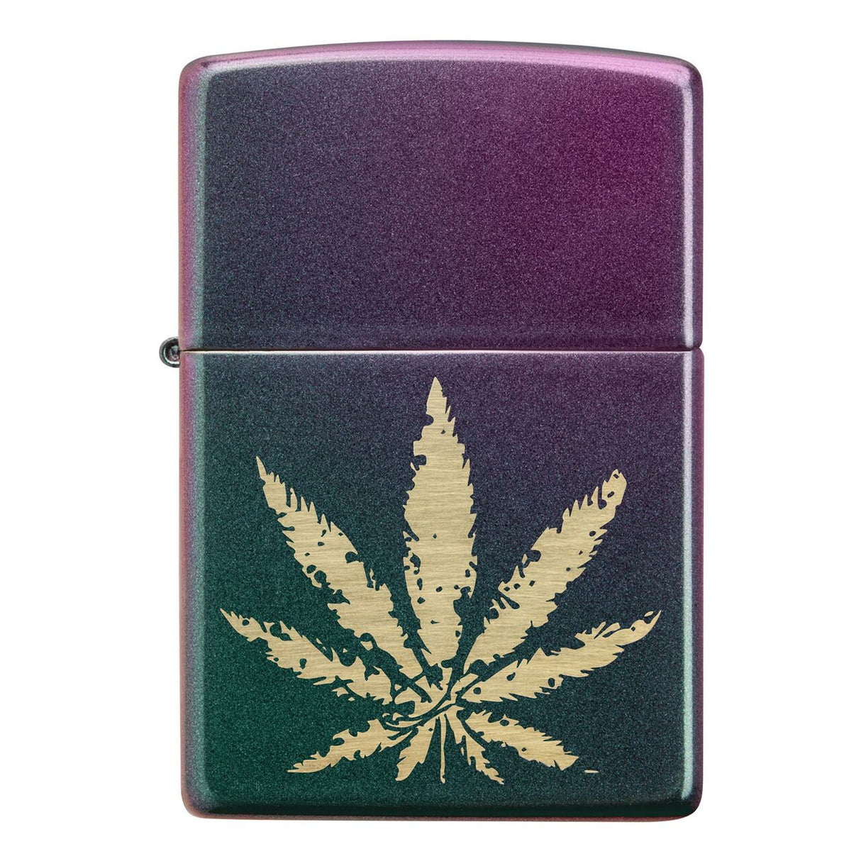 Zippo-style lighter with a marijuana leaf design on a purple-green gradient background.