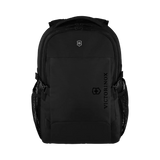 Black backpack with multiple compartments and side pockets.