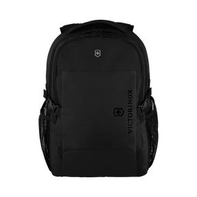 Black backpack with multiple compartments and side pockets.