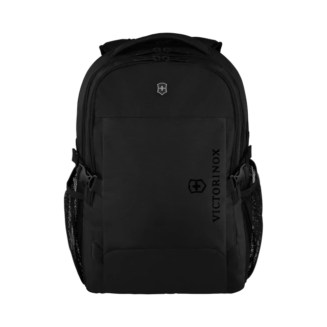 Black backpack with multiple compartments and side pockets.