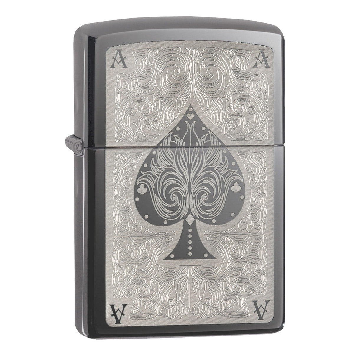 Zippo lighter with an ornate ace of spades design engraved on its surface.