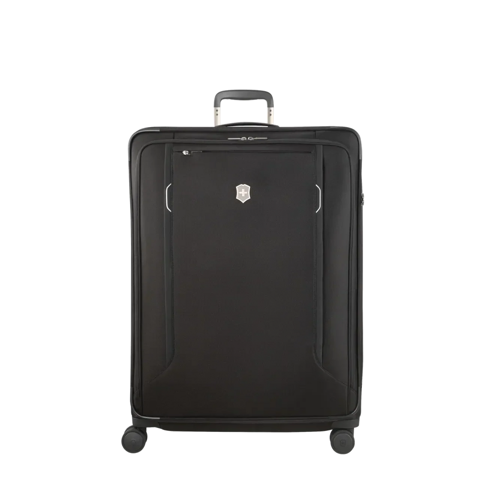 Black rolling suitcase with a retractable handle and spinner wheels.