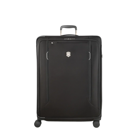 Black rolling suitcase with a retractable handle and spinner wheels.
