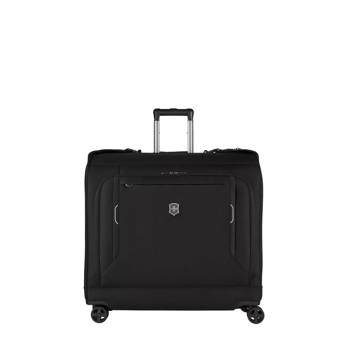 Black wheeled garment bag with multiple compartments and a retractable handle.
