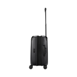 Black hard-shell rolling suitcase with an extendable handle.