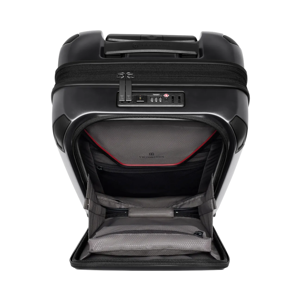 Black hardshell rolling suitcase with an open front compartment.
