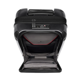 Black hardshell rolling suitcase with an open front compartment.