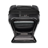 Black hardshell rolling suitcase with a front pocket compartment.