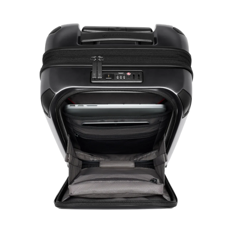 Black hardshell rolling suitcase with a front pocket compartment.