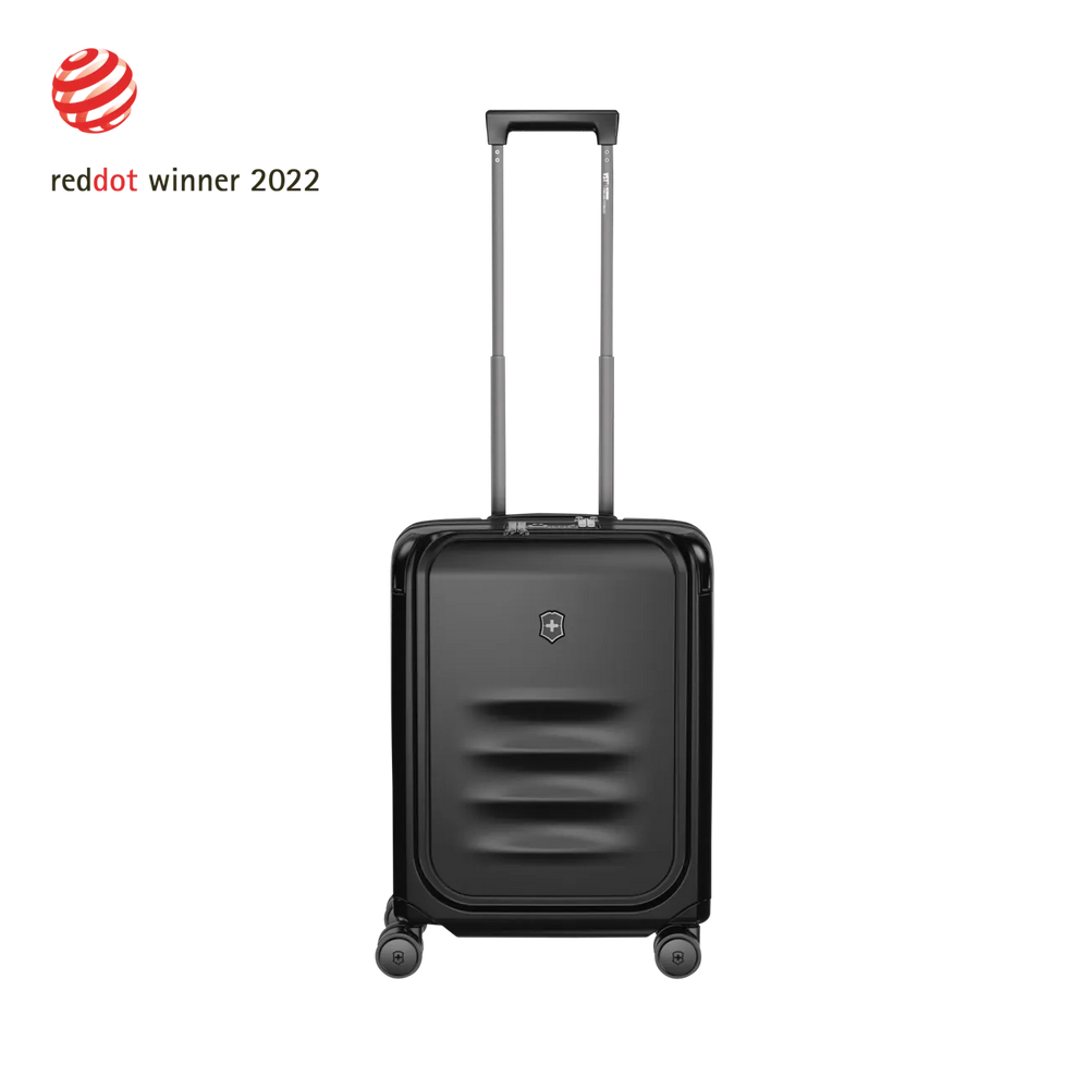 Black hardshell rolling suitcase with an extendable handle and wheels.