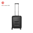 Black hardshell rolling suitcase with an extendable handle and wheels.