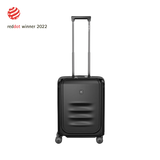 Black hardshell rolling suitcase with an extendable handle and wheels.