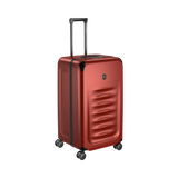Red hardshell rolling suitcase with a textured front panel and retractable handle.