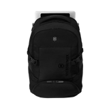 Black backpack with multiple compartments and straps.